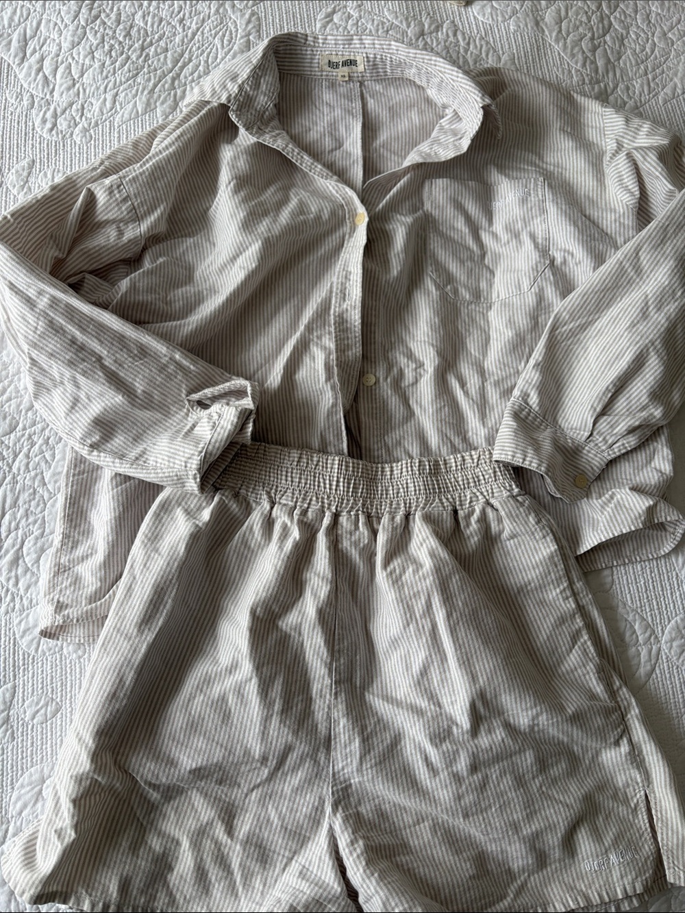 Djerf Avenue Striped Cotton Pajama Set - Cream and Light Gray